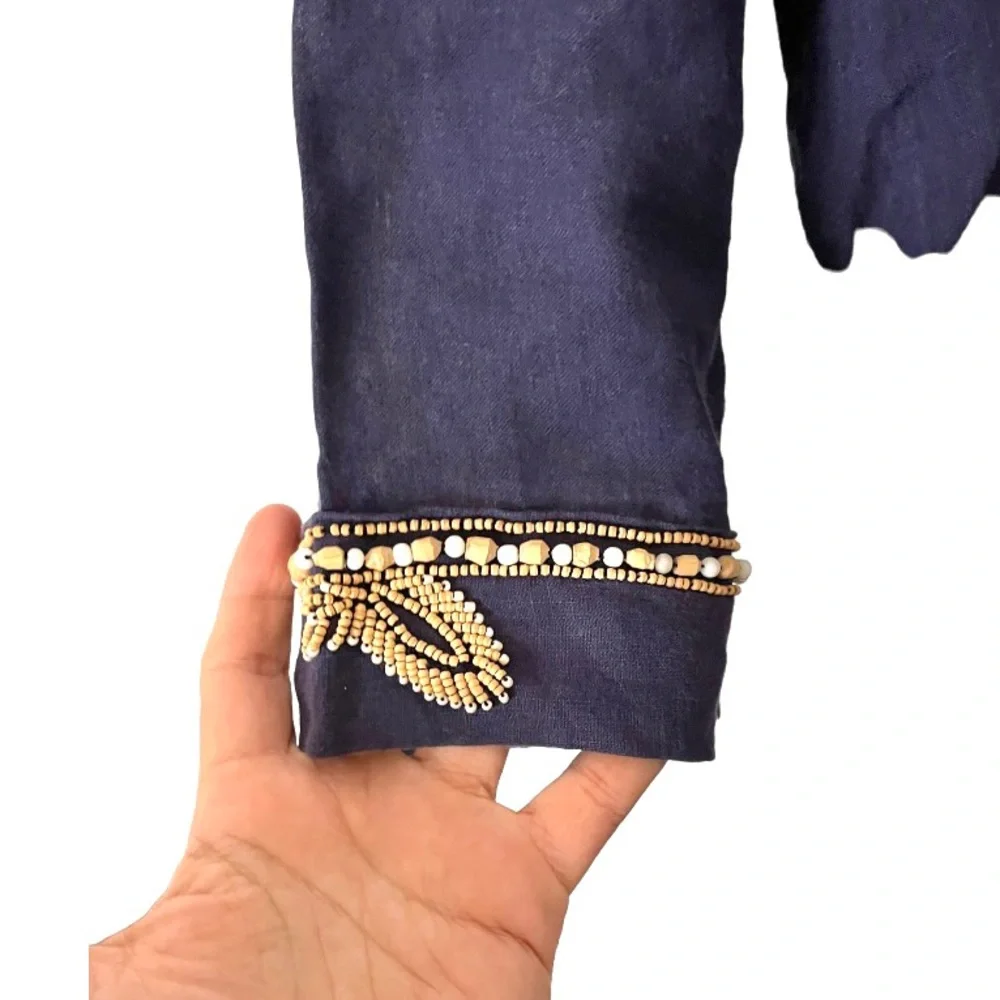 Calypso St. Barth Navy Blue Linen Wood Beaded Embroidered Tunic Top s‎ - Picture 4 of 10